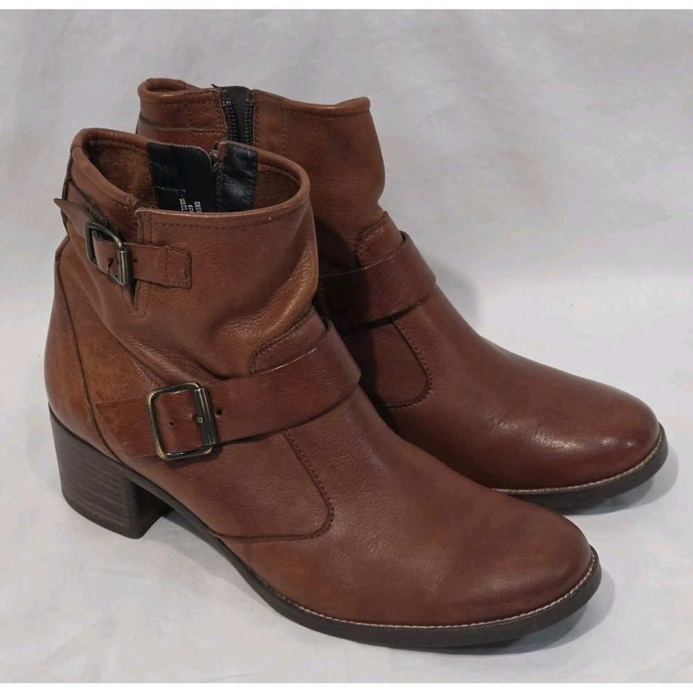 Paul Green‎ Womens Wyatt Leather Moto Booties Sz 9 Cognac Brown Ankle Buckled